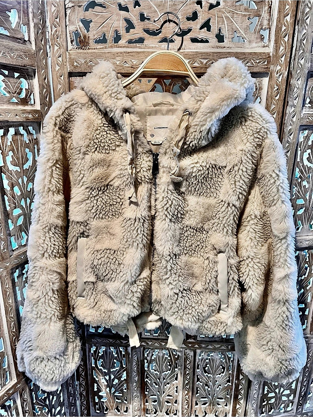 Anthropologie Cropped Faux Fur Hoodie Jacket in Cream